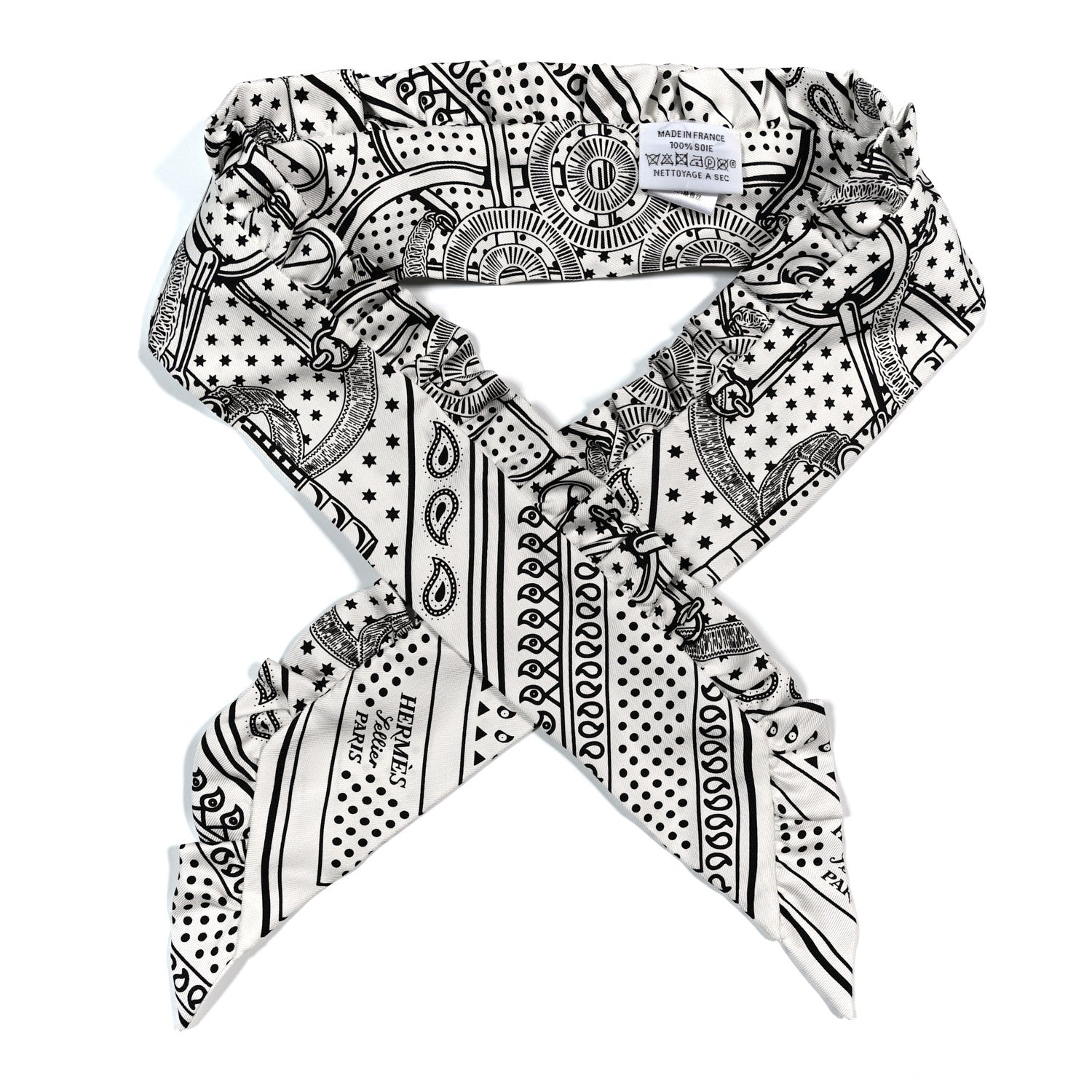 Hermes Silk Eperon d'Or Bandana Ruffle Twilly White Black 1 of 4