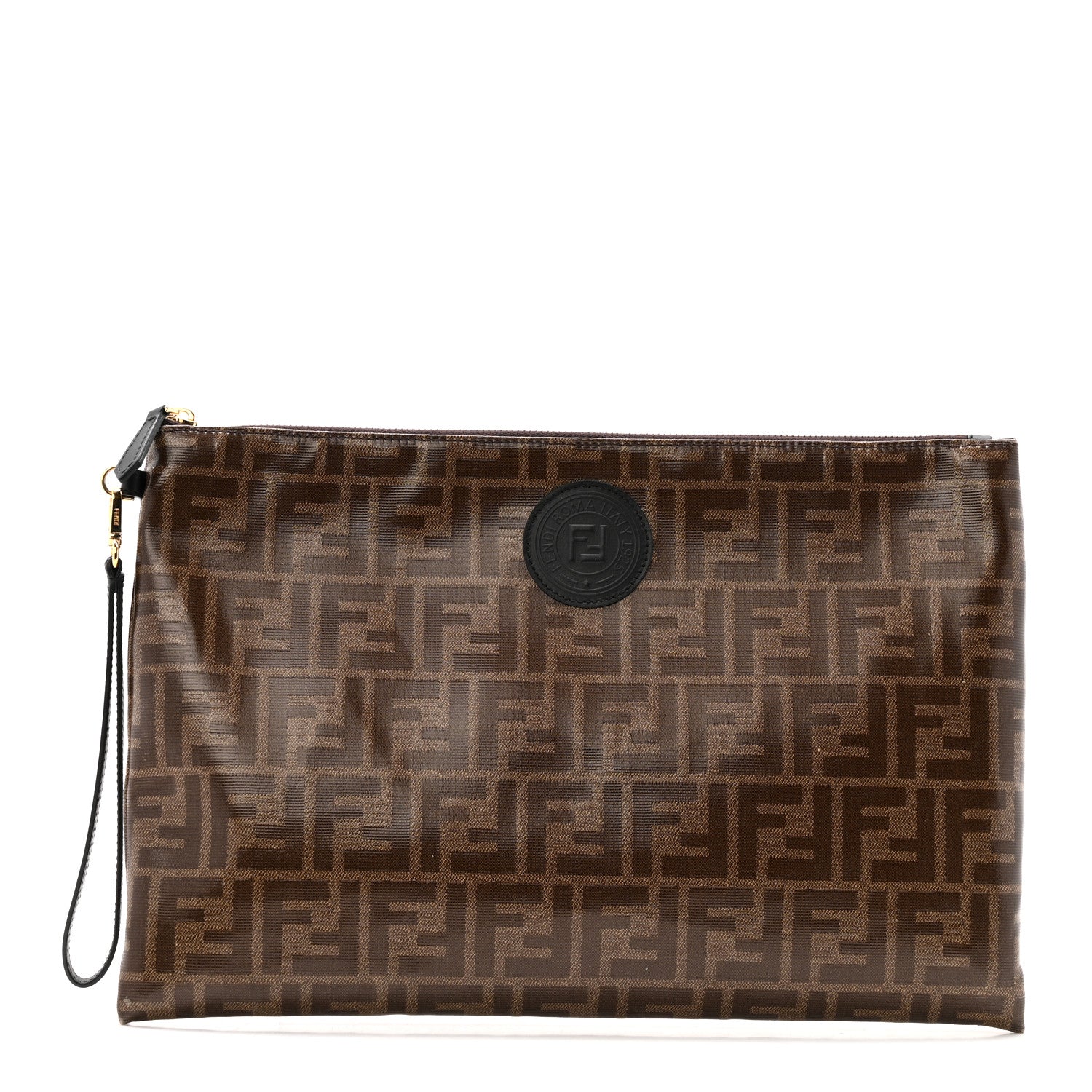Fendi Glazed Fabric Vitello Century FF 1974 Stamp Patch Large Flat Pouch Mogano Panna Black 1 of 9