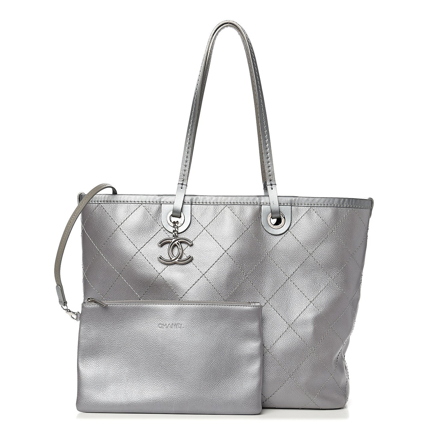 Metallic Grained Calfskin Shopping Fever Tote Silver