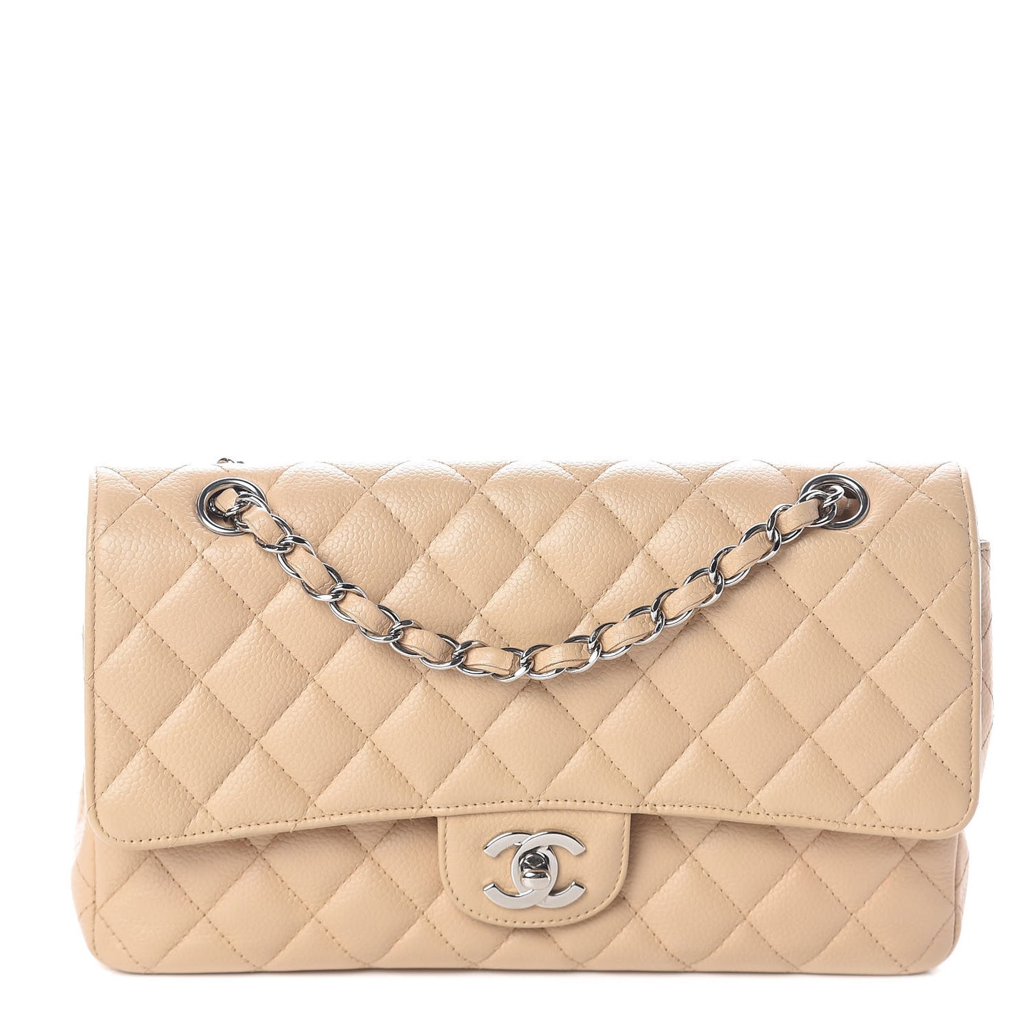 Caviar Quilted Medium Double Flap Beige