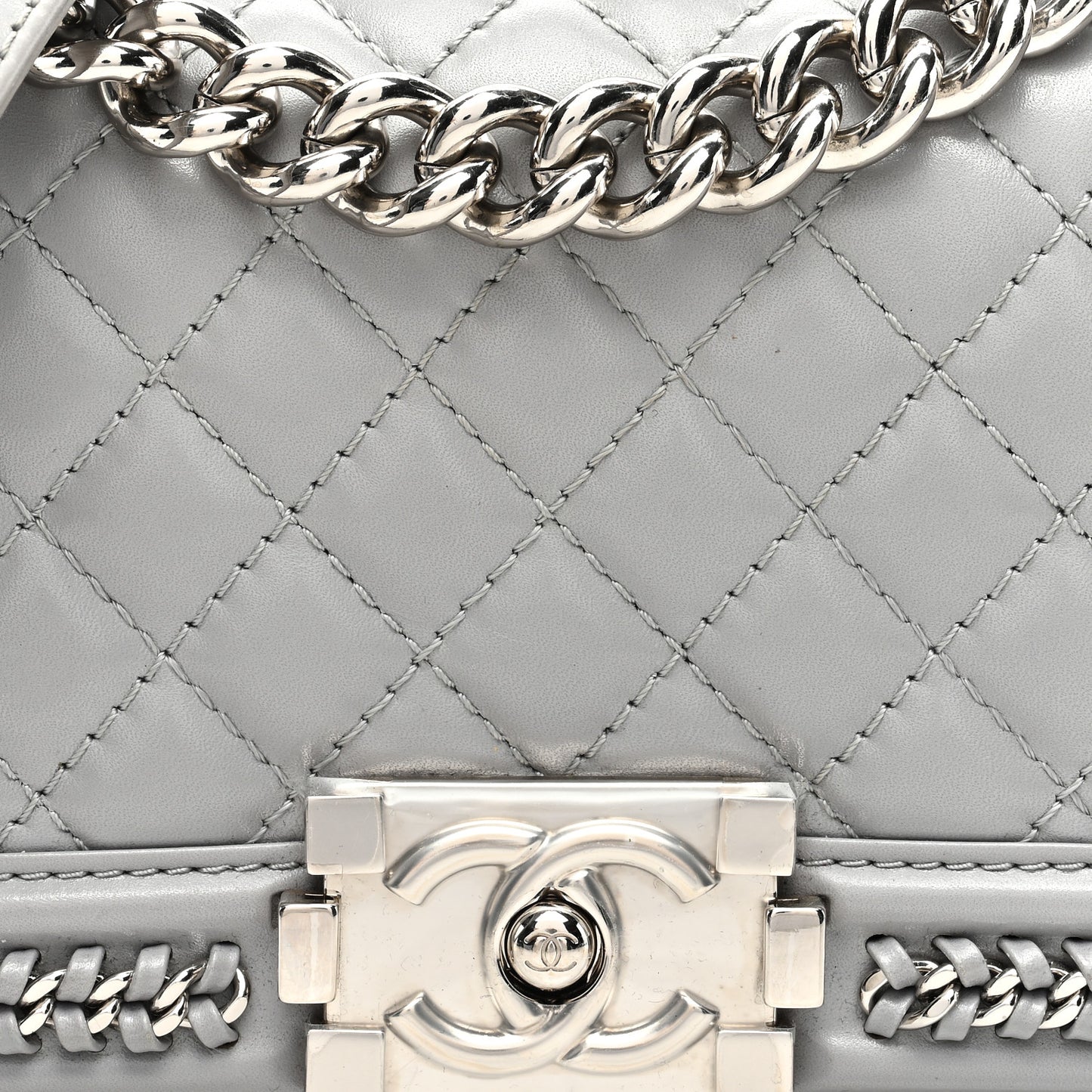 Iridescent Lambskin Quilted Small Chain Around Boy Flap Grey