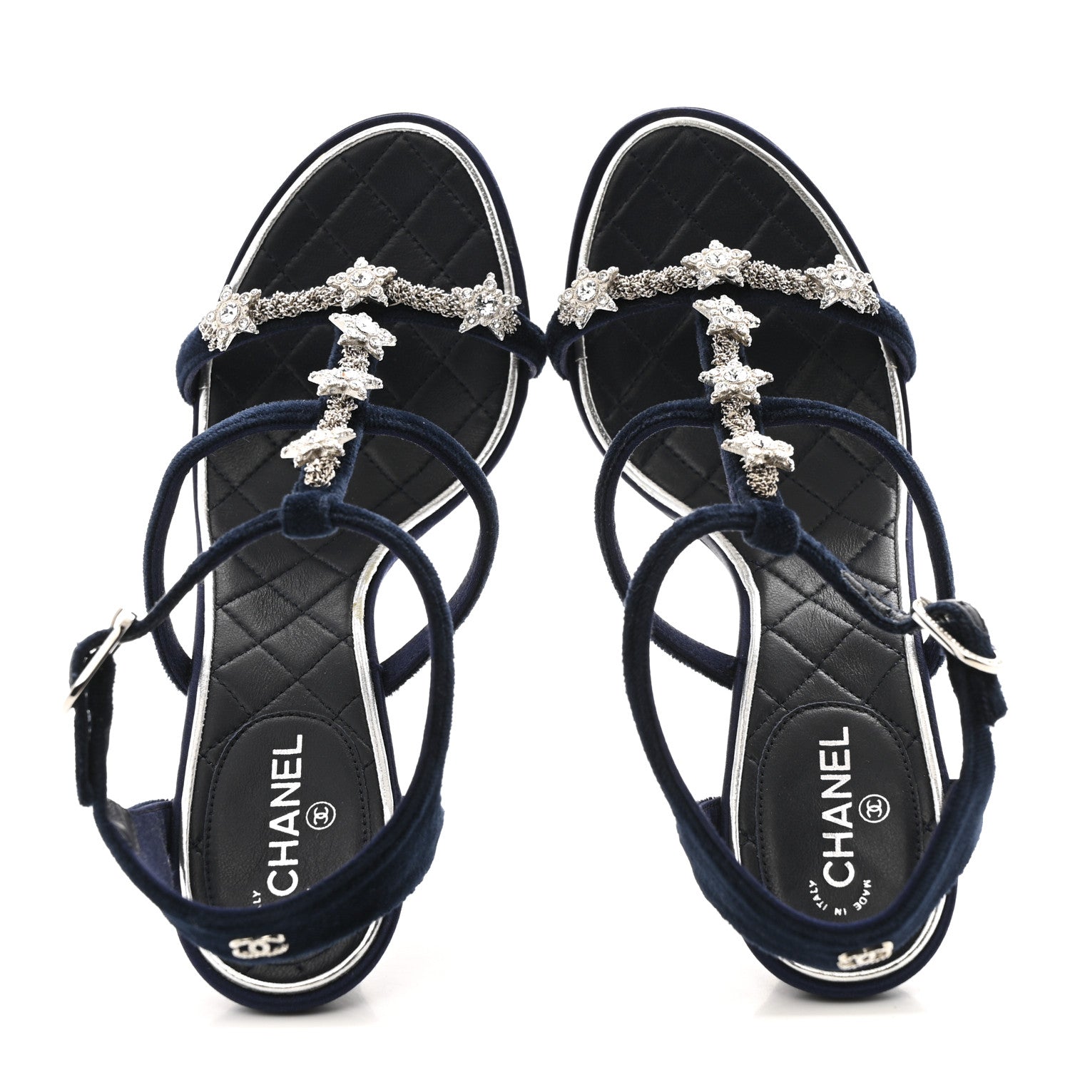 Chanel Velvet Crystal Star Ankle Strap Sandals 37.5 Dark Navy 2 of 12