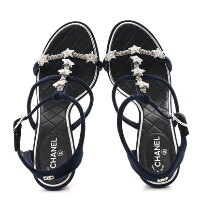Chanel Velvet Crystal Star Ankle Strap Sandals 37.5 Dark Navy 2 of 12