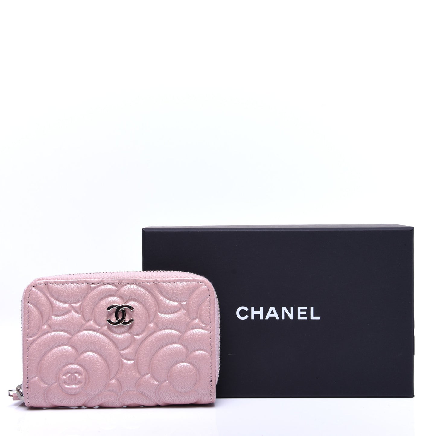 Goatskin Camellia Embossed Zip Coin Purse Light Pink