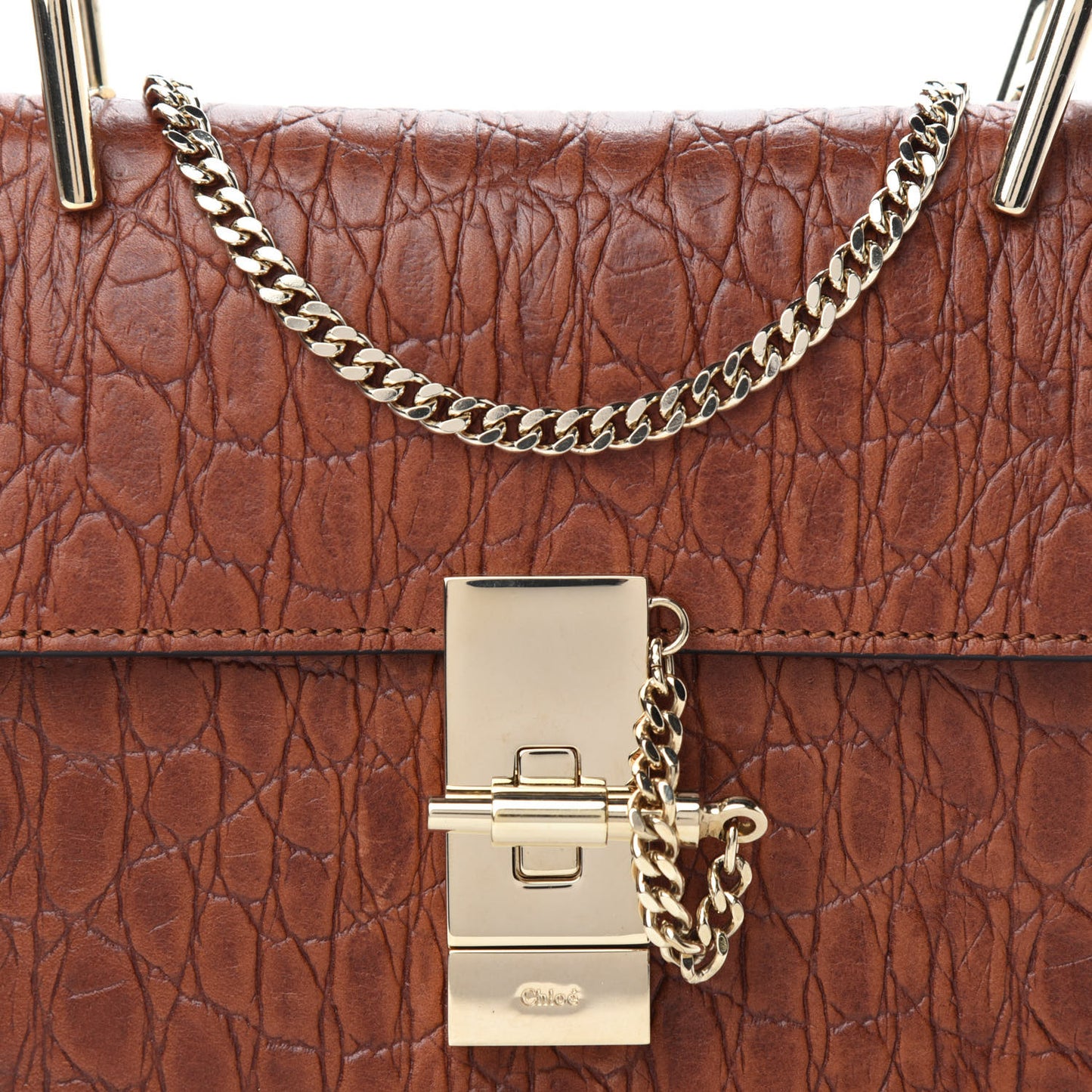 Calfskin Crocodile Embossed Drew Shoulder Bag Mahogany