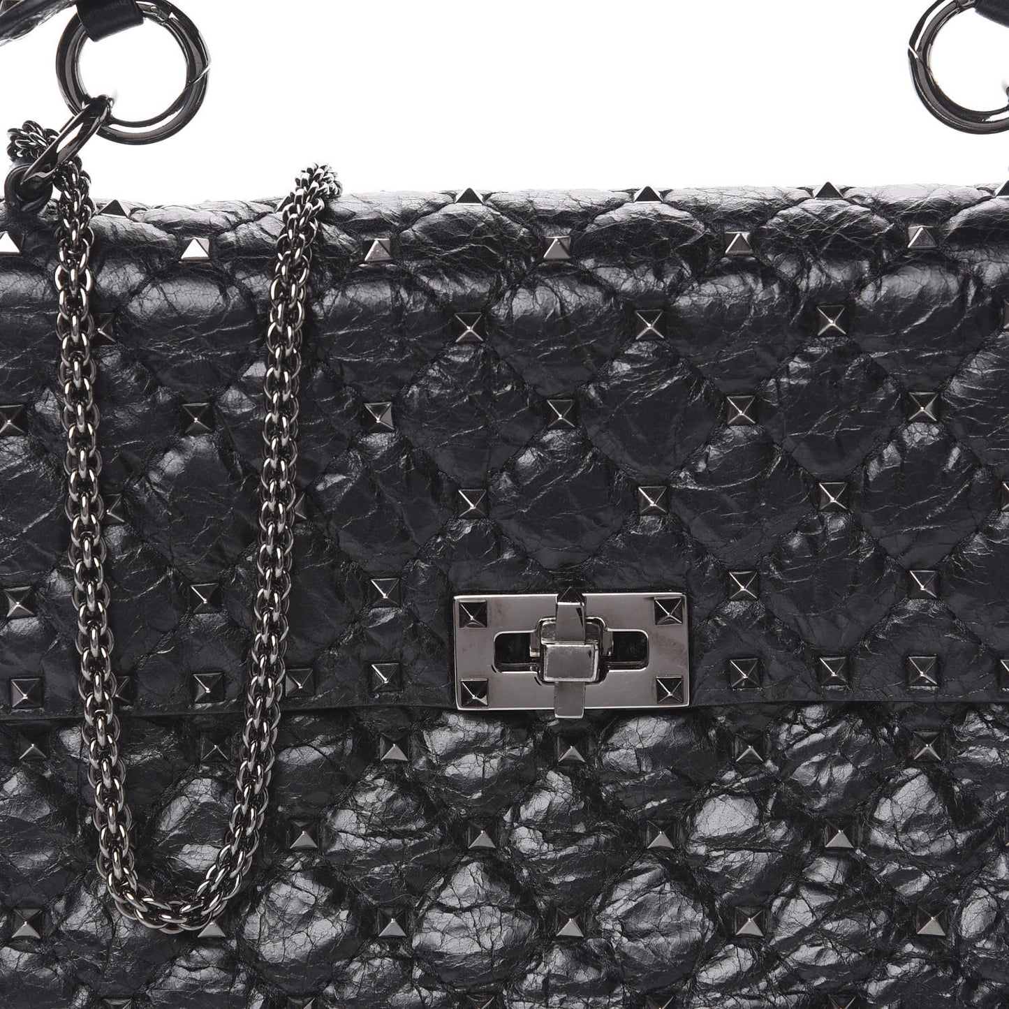 Craquele Nappa Medium Rockstud Spike Shoulder Bag Black