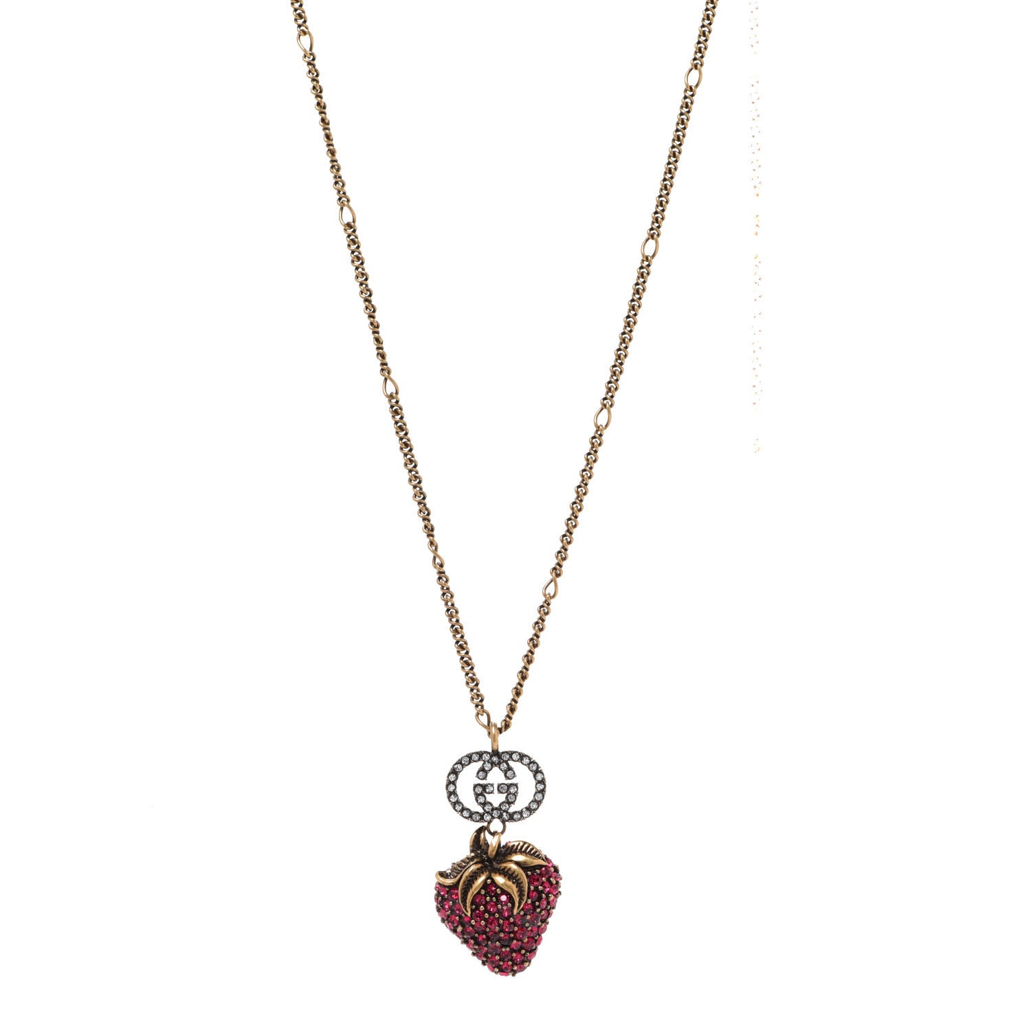 Gucci Crystal Embellished Strawberry Necklace Red Aged Gold 1 of 6