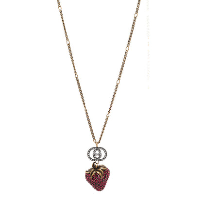 Gucci Crystal Embellished Strawberry Necklace Red Aged Gold 1 of 6