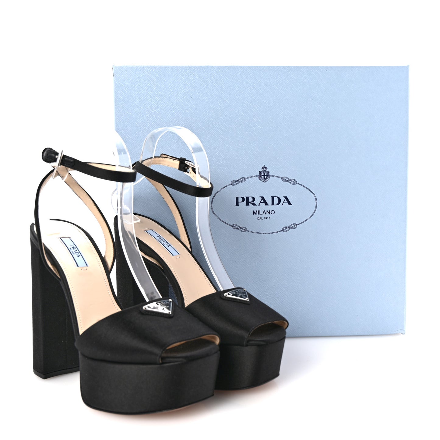 Satin Metal Triangle Logo Ankle Strap 40/135mm Platform Sandals 39 Black