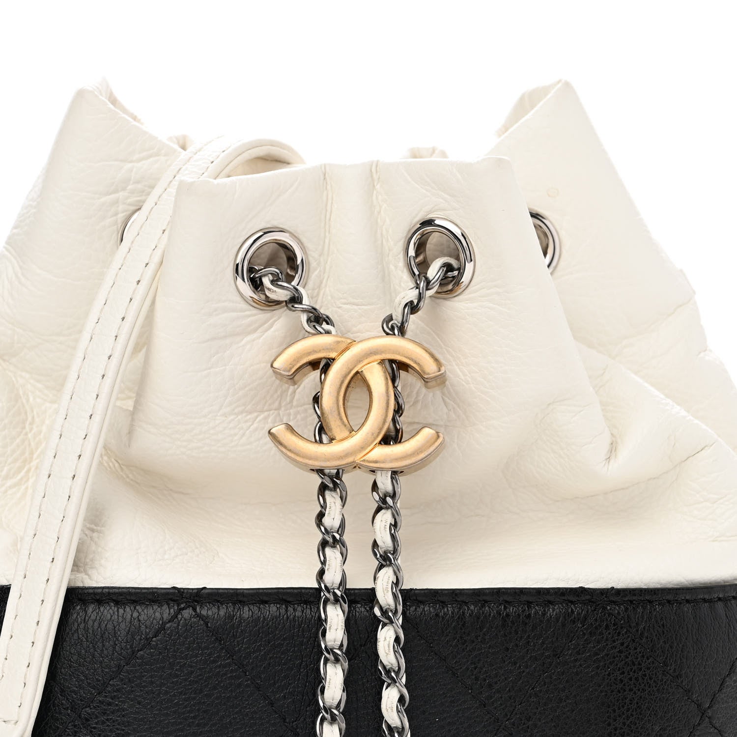 Chanel Aged Calfskin Quilted Small Gabrielle Bucket White Black 8 of 10