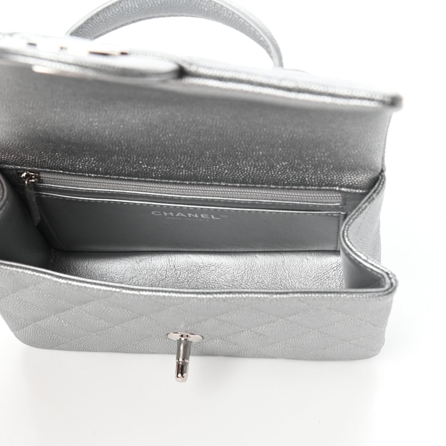 Metallic Caviar Quilted Mini Top Handle Rectangular Flap Silver