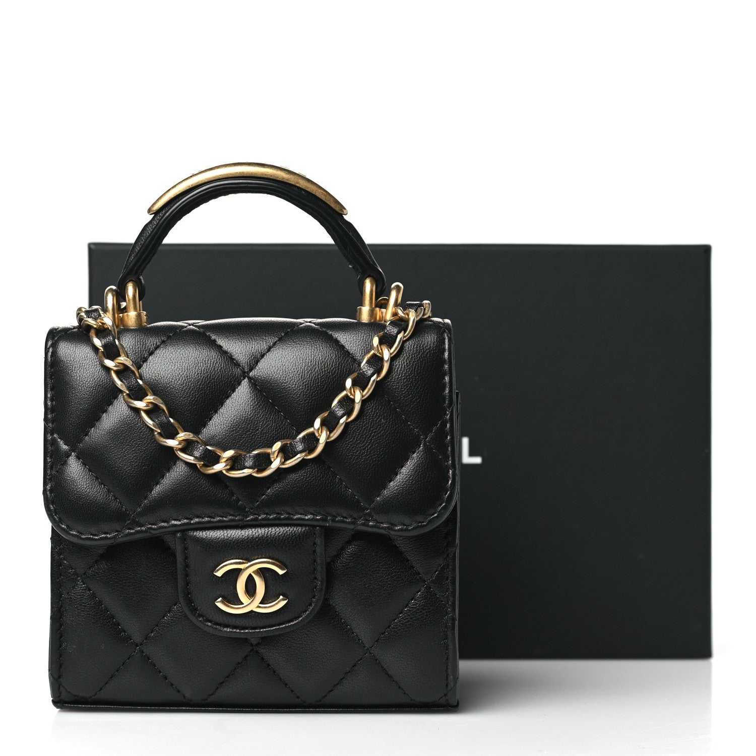 Chanel Lambskin Quilted Metal Top Handle Flap Clutch With Chain Black Black 11 of 11