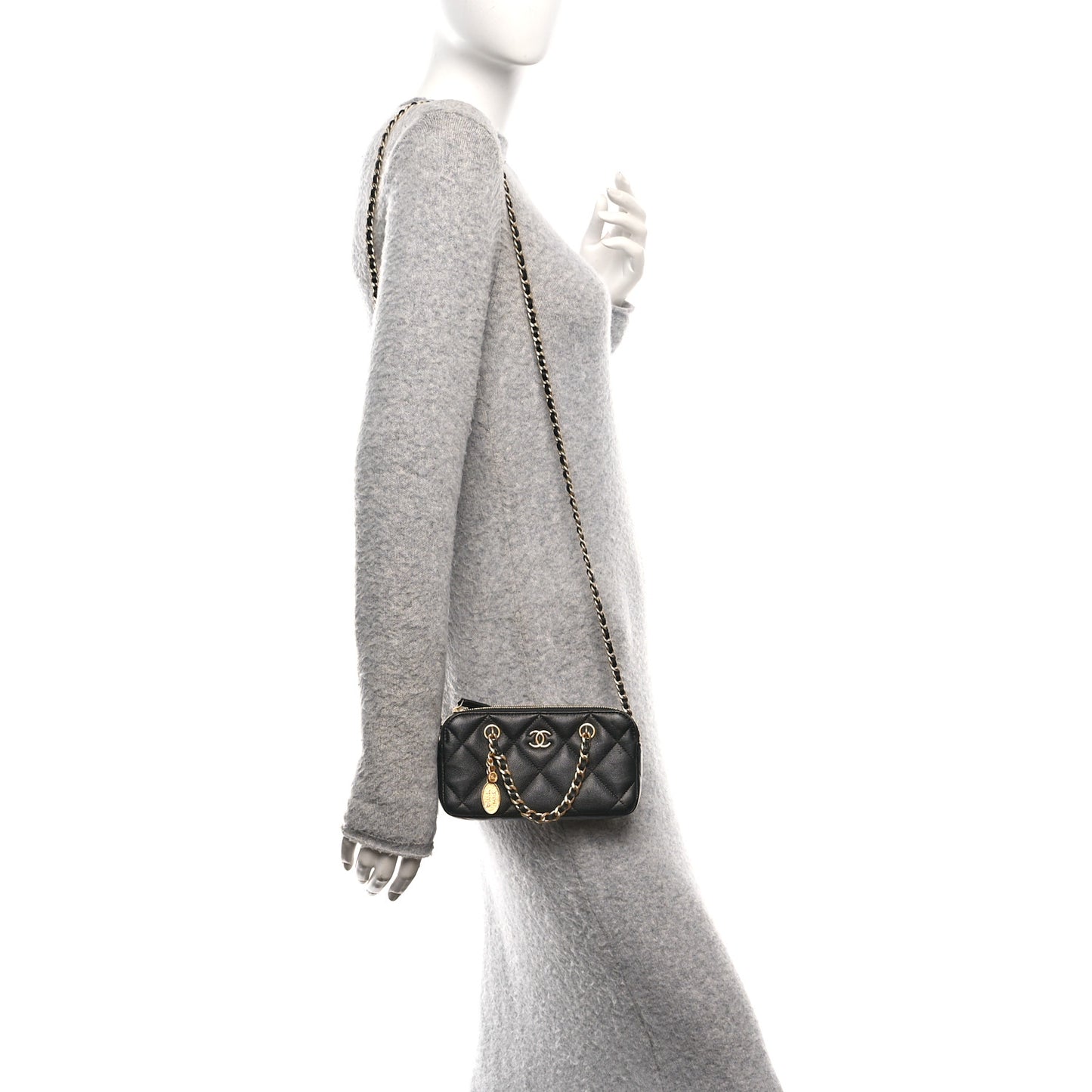 Caviar Quilted Top Handle Phone Holder With Chain Black