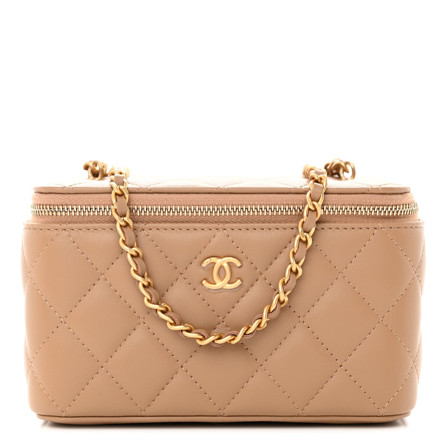Lambskin Quilted Pearl Crush Small Vanity Case With Chain Beige