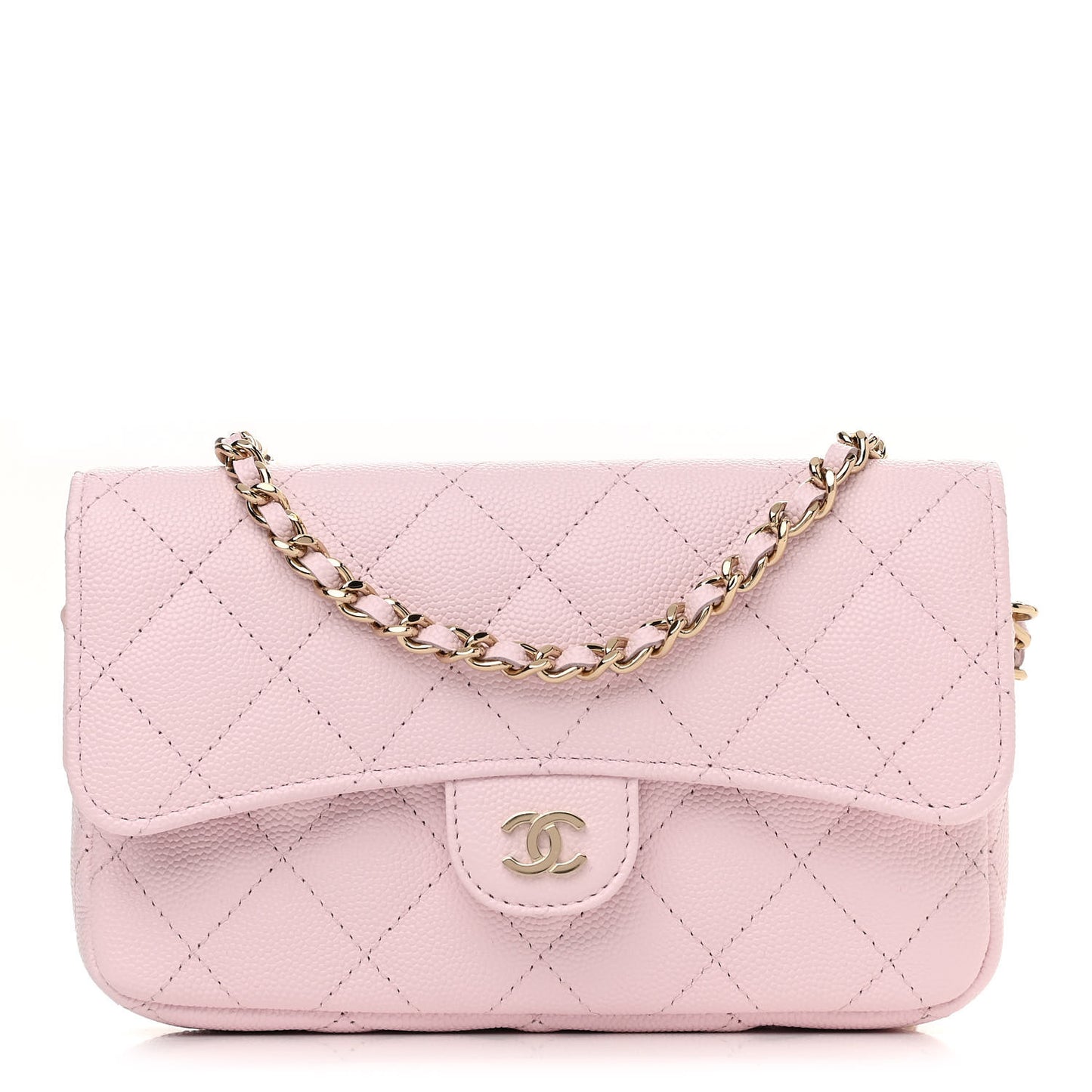 Caviar Quilted Flap Phone Holder With Chain Light Pink