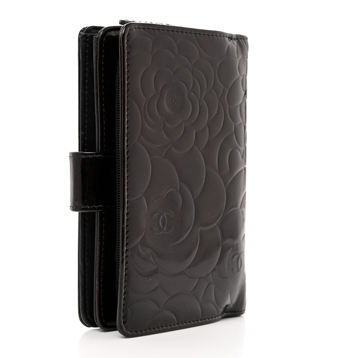 Patent Camellia Embossed Zipped Pocket Wallet Black