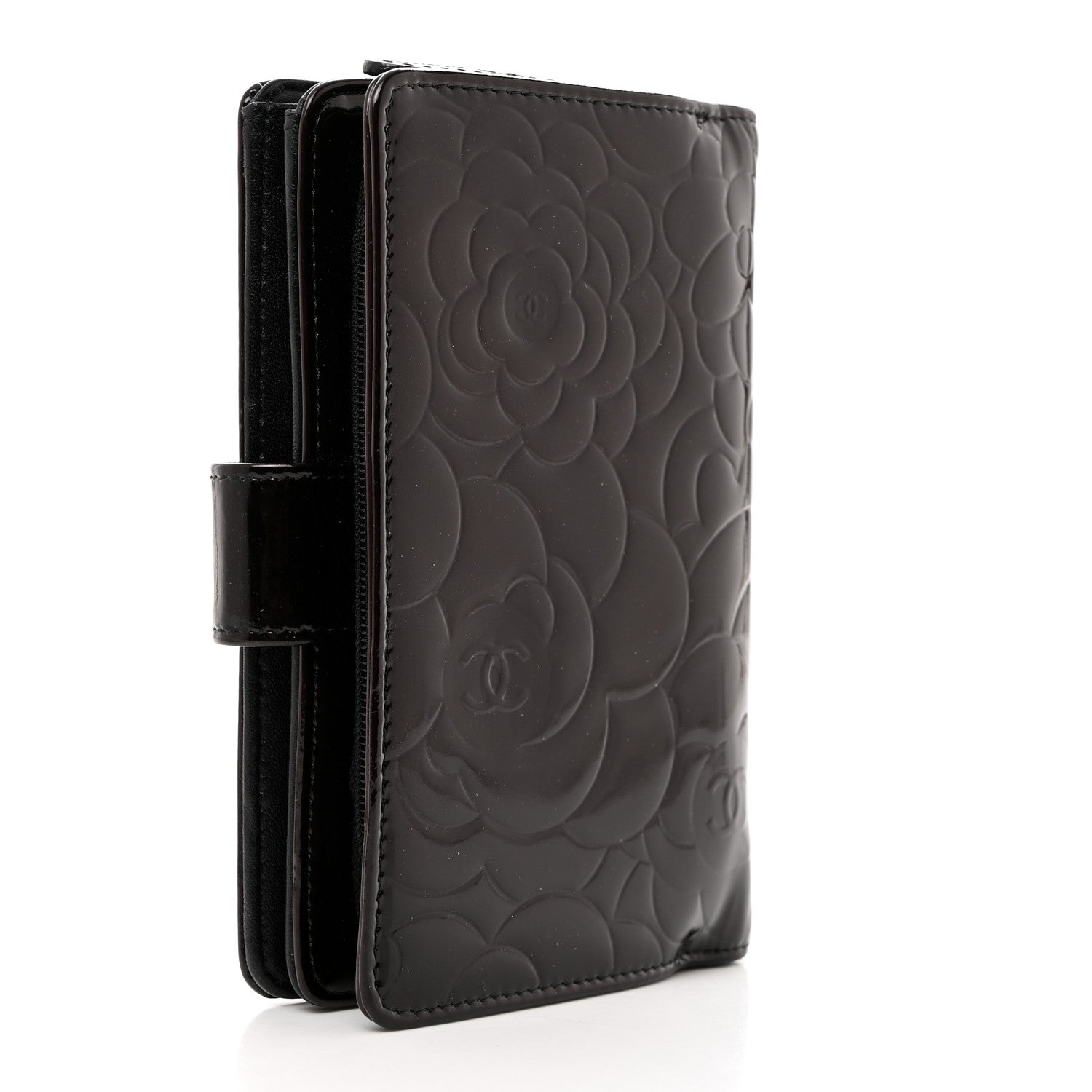 Chanel Patent Camellia Embossed Zipped Pocket Wallet Black 3 of 9