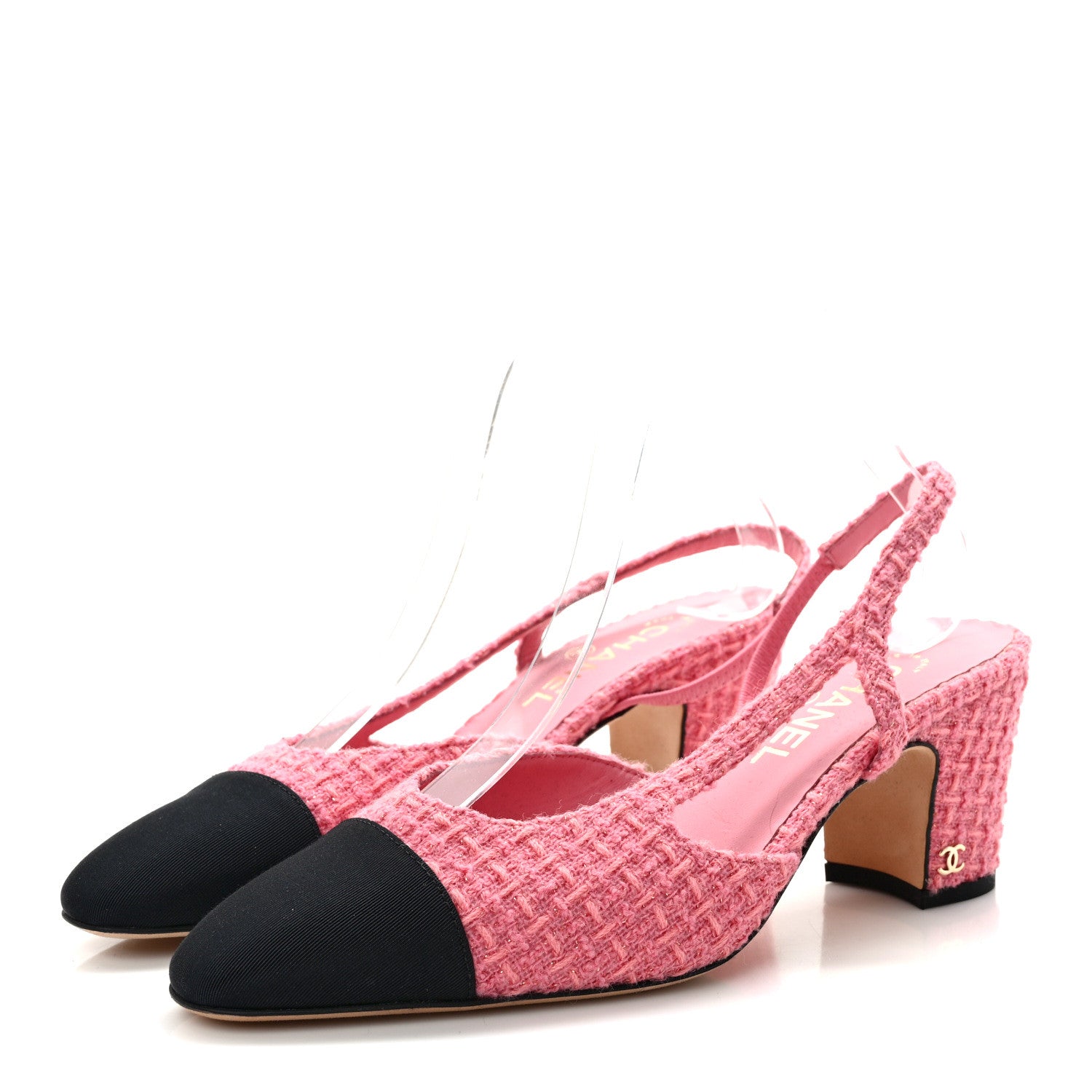 Chanel Tweed Grosgrain Cap Toe CC Slingback Pumps 39 Pink Black 3 of 7