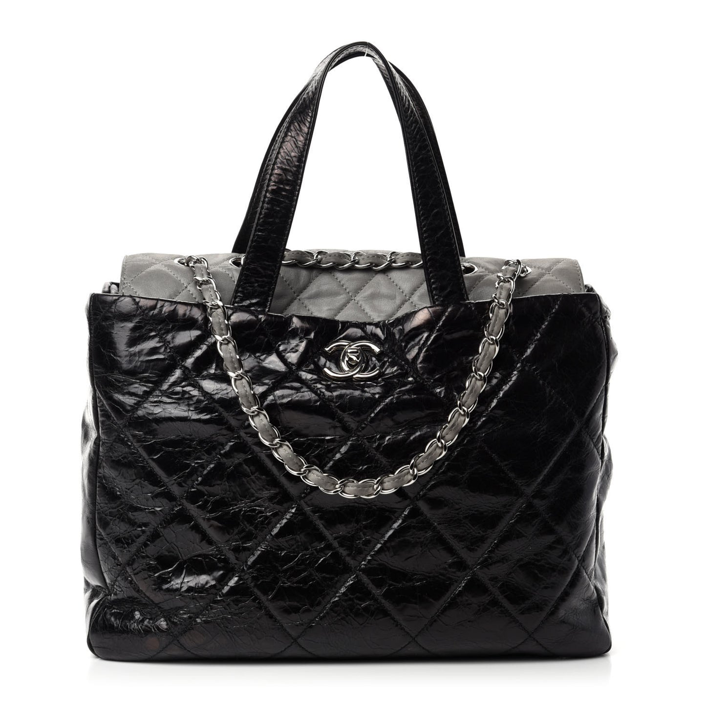 Glazed Calfskin Lambskin Quilted Portobello Tote Black Grey