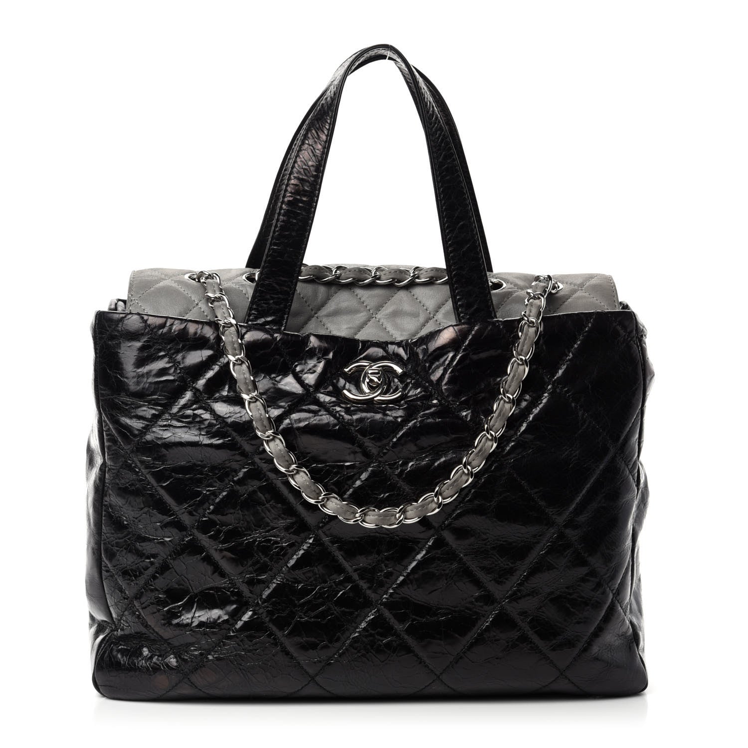 Chanel Glazed Calfskin Lambskin Quilted Portobello Tote Black Grey 1 of 10