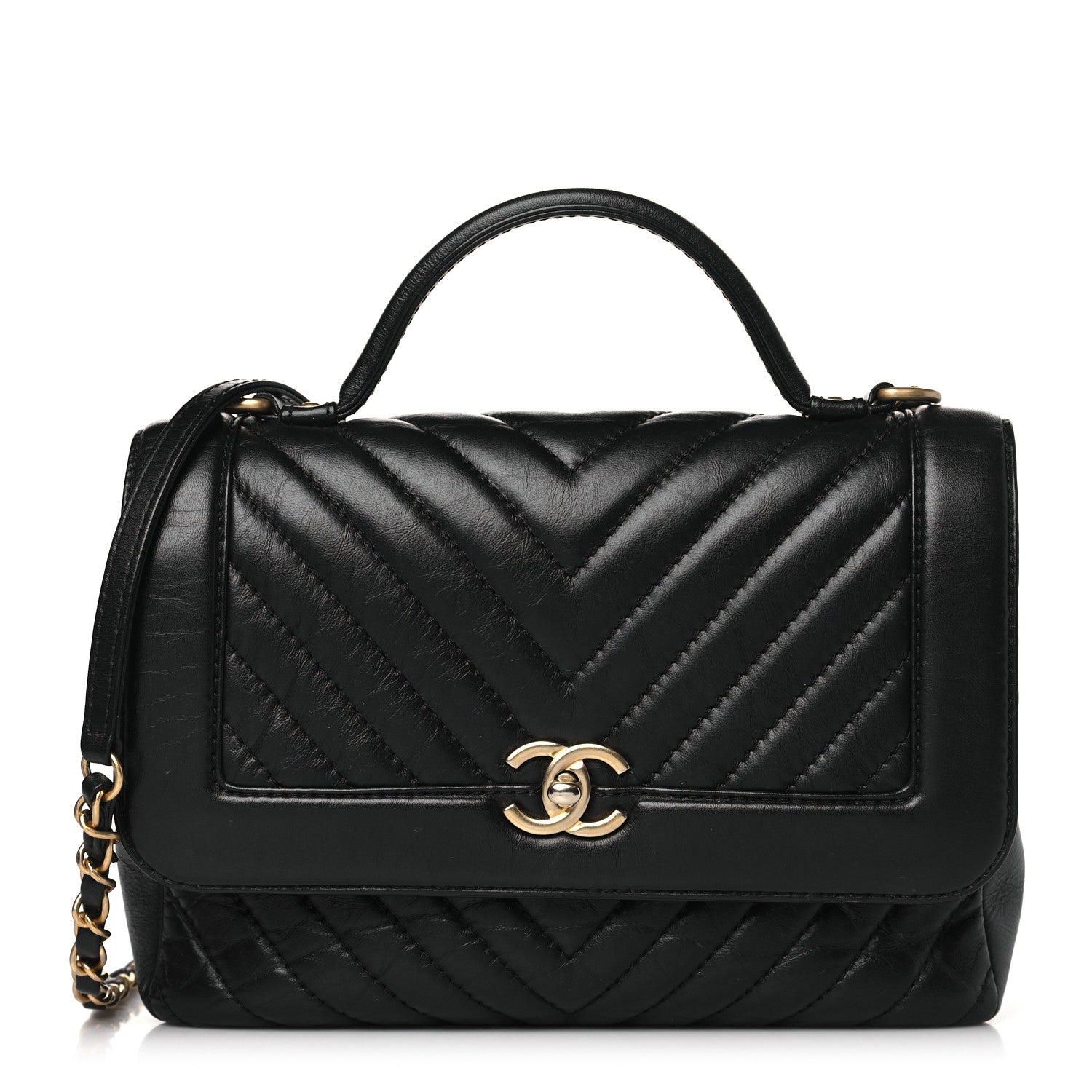 Chanel Calfskin Chevron Quilted Top Handle Flap Black 1 of 10