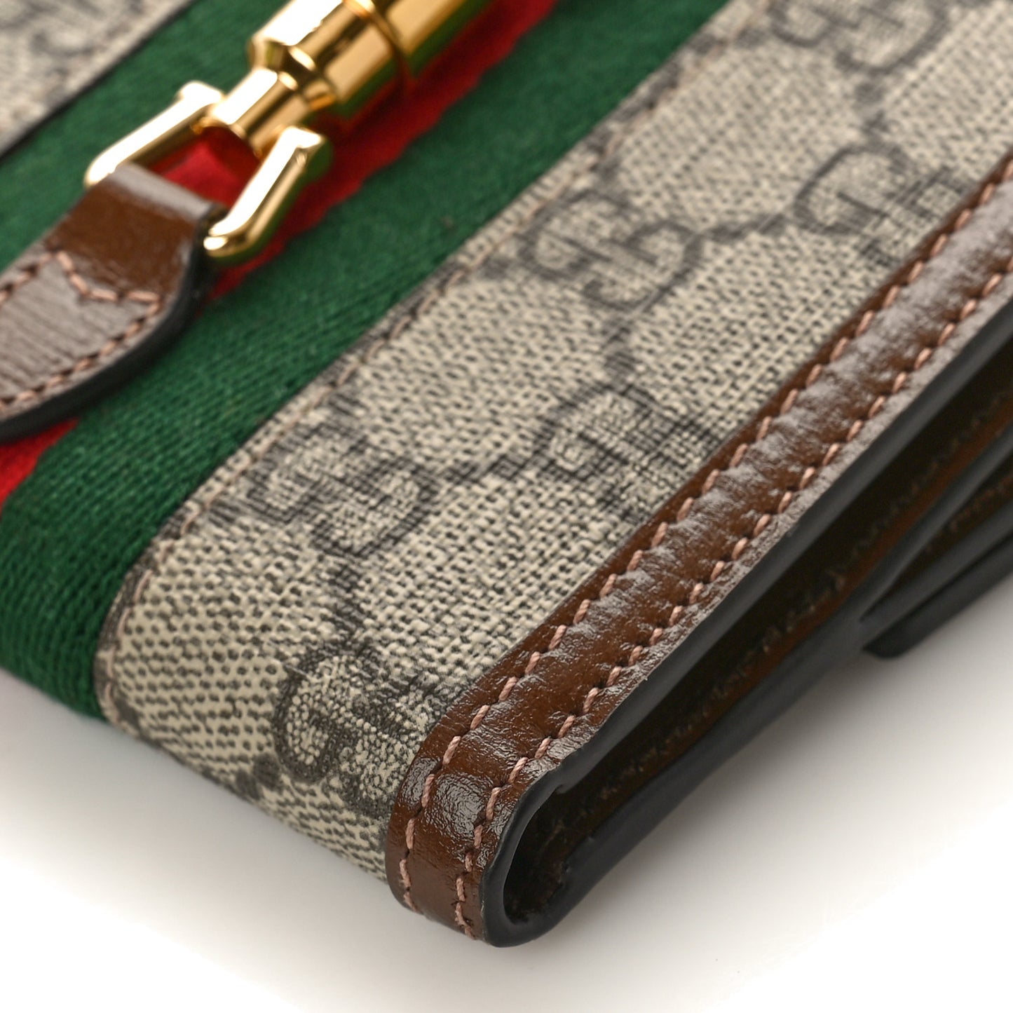 GG Supreme Monogram Textured Calfskin Web Jackie 1961 French Flap Wallet Beige Ebony Brown Sugar