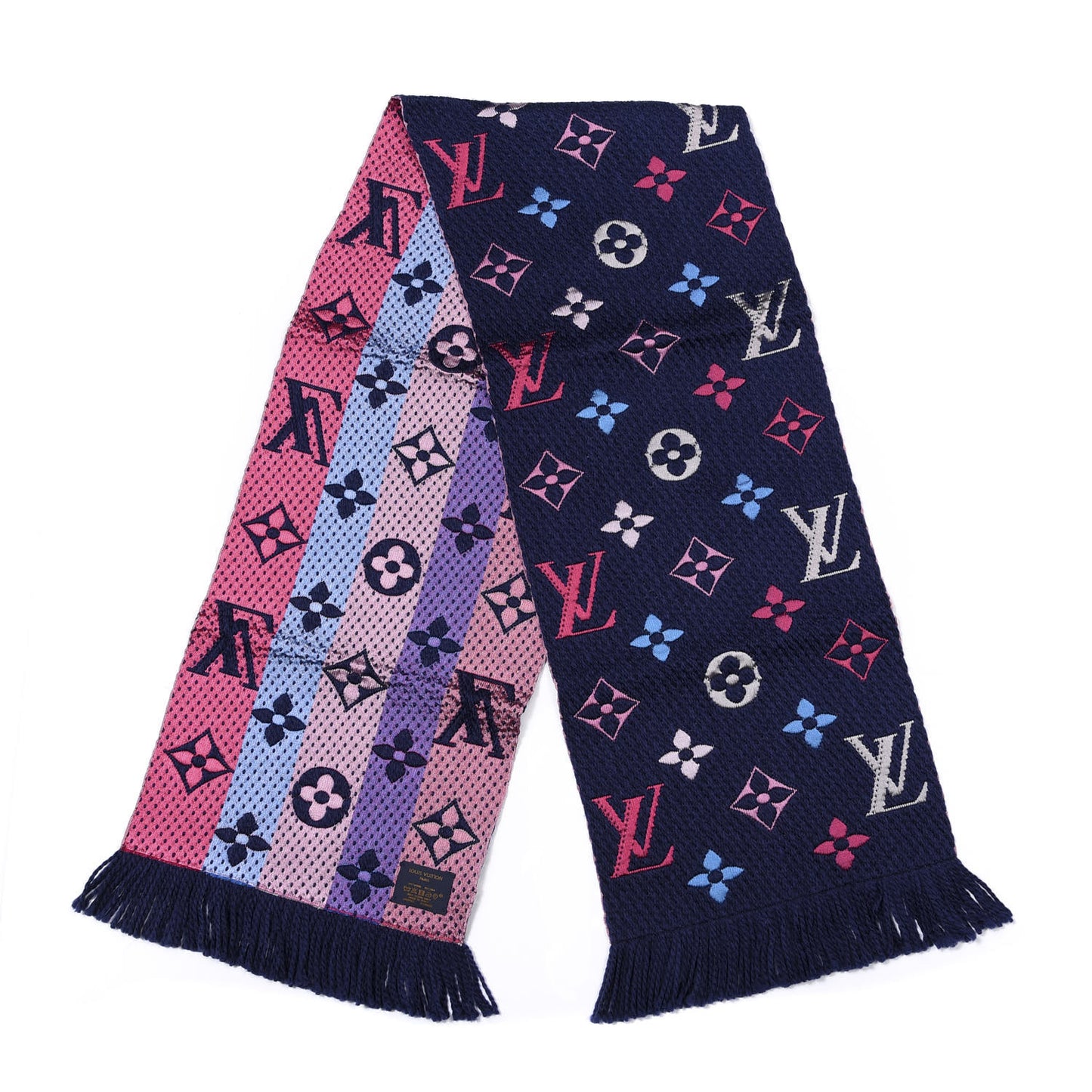 Wool Silk Rainbow Logomania Scarf Navy
