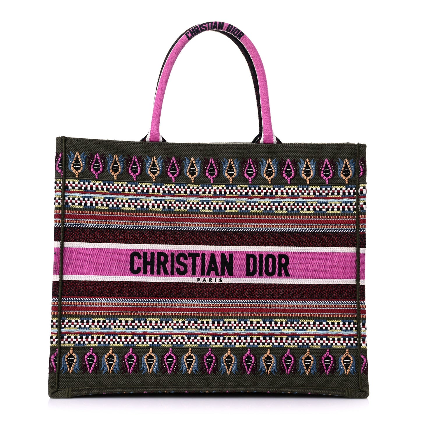 Canvas Embroidered Book Tote Olive Multicolor