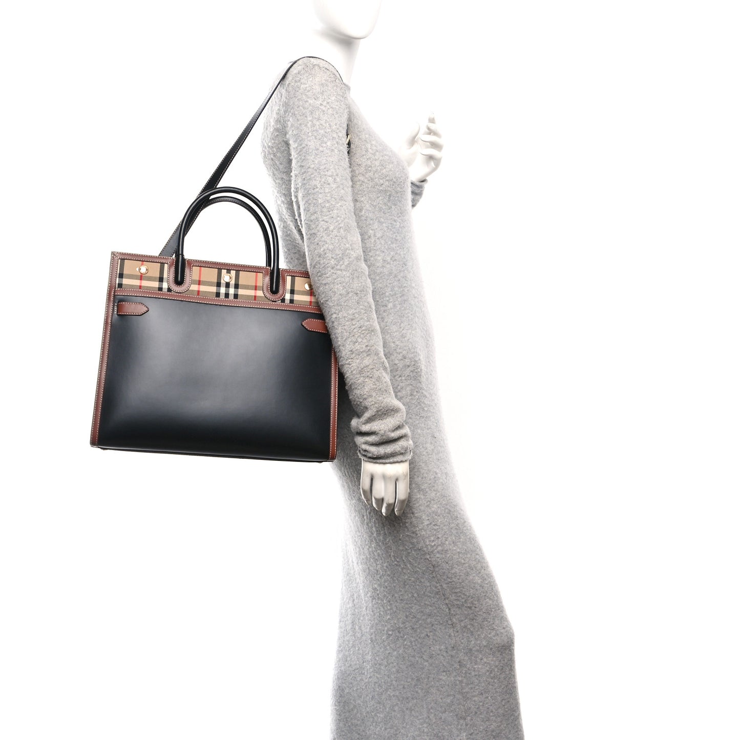 Calfskin Vintage Check Medium Two Handle Title Bag Black