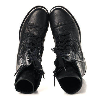 Chanel Sheepskin Quilted CC Tall Lace Up Combat Boots 38.5 Black 2 of 9