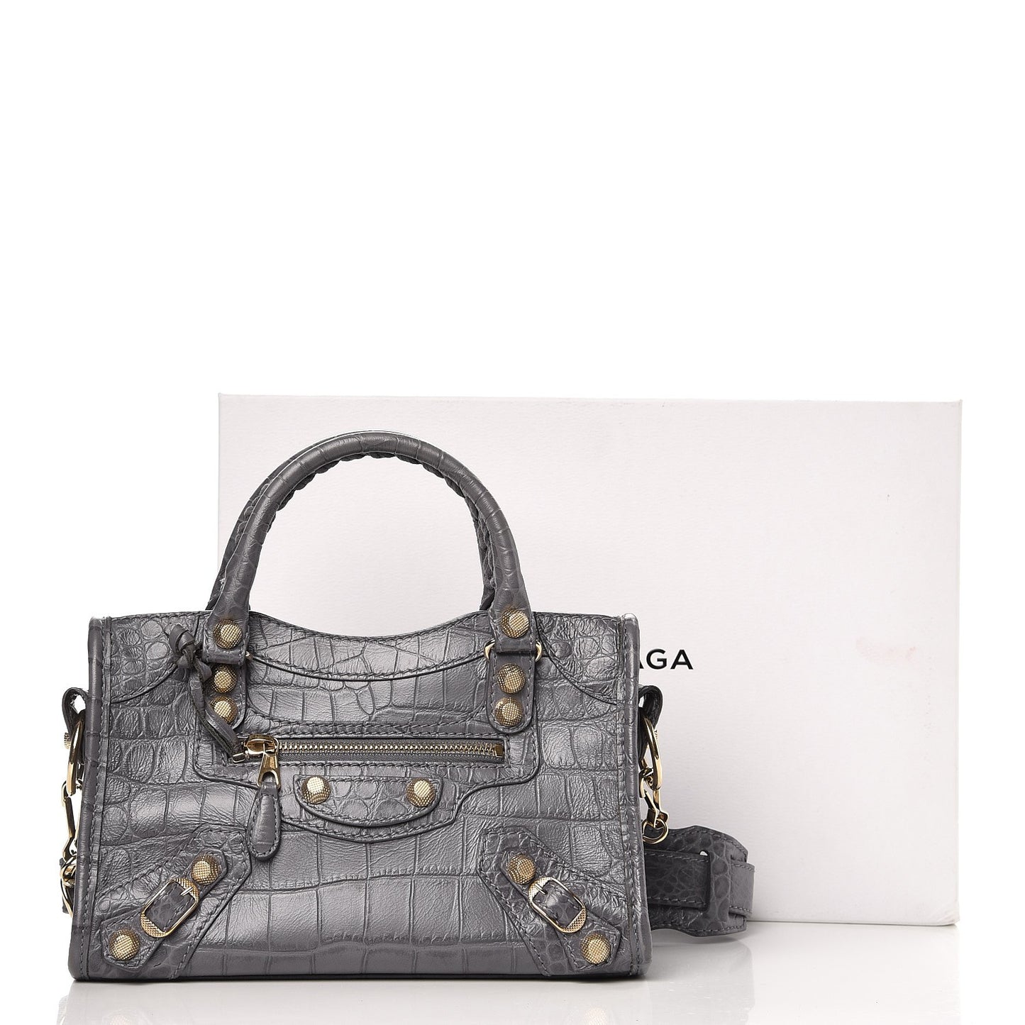 Calfskin Crocodile Embossed Giant 12 Gold Hardware Mini City Gris Beton