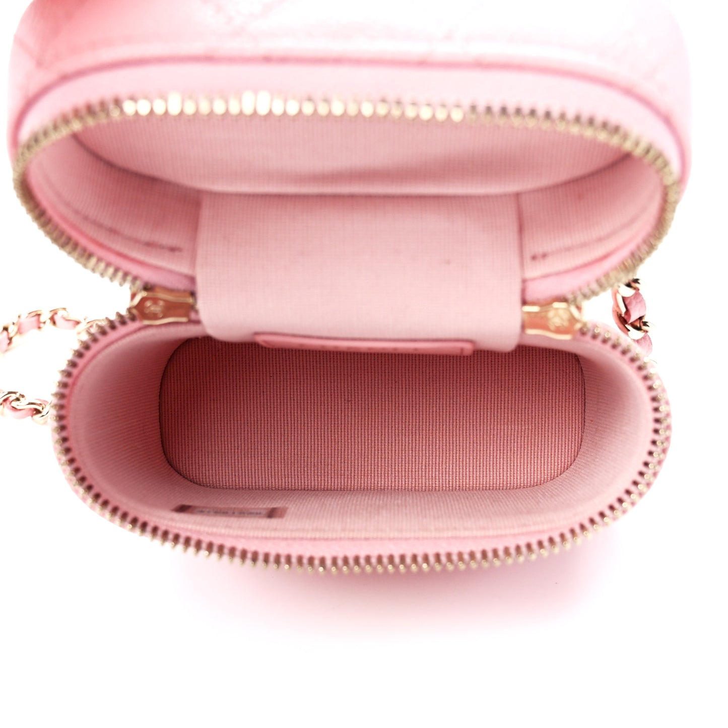 Caviar Quilted Small Handle With Care Vanity Case With Chain Pink