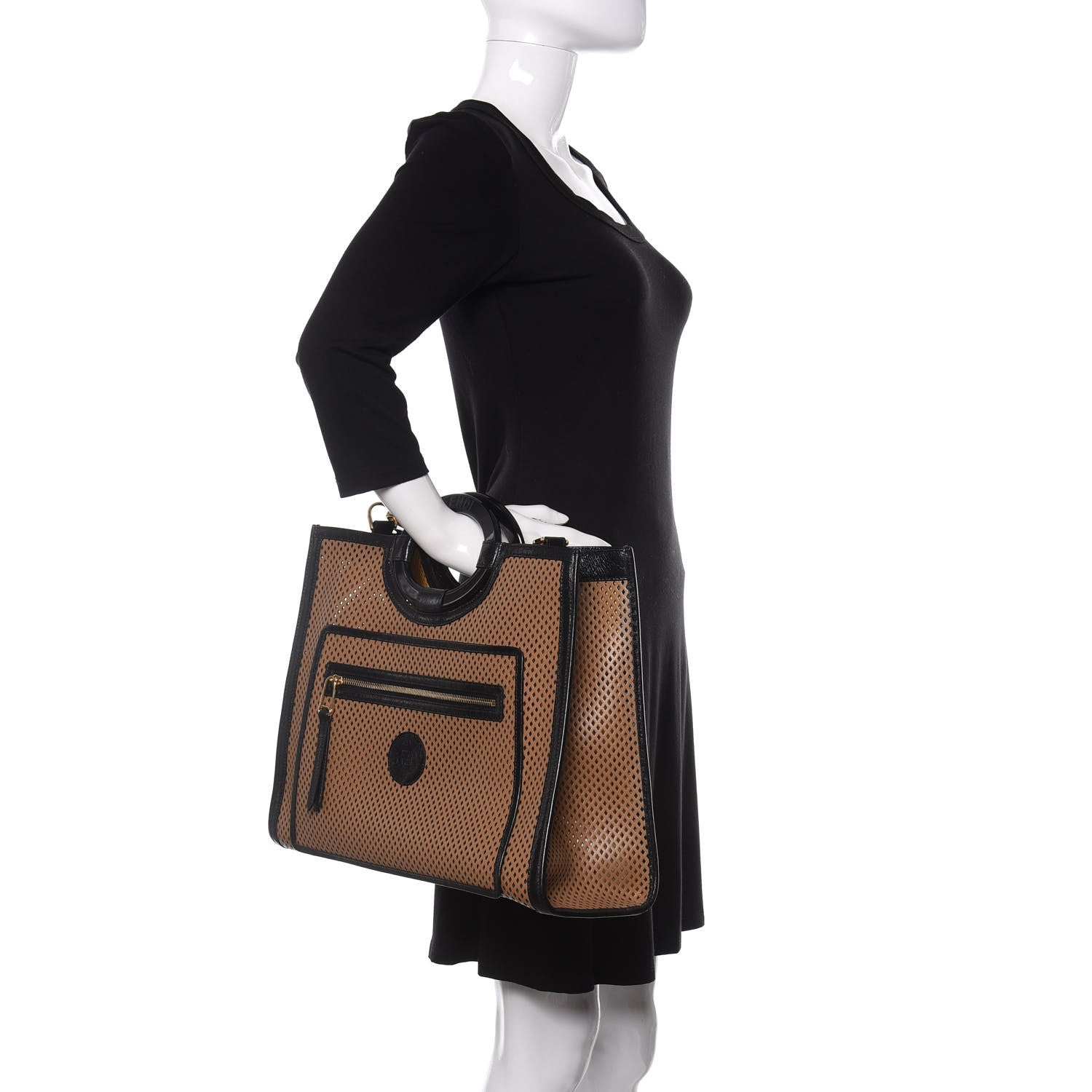 Fendi Vitello Liberty Glossy Lambskin Perforated Medium Runaway Shopper Tote Sand Mimosa Black 3 of 11