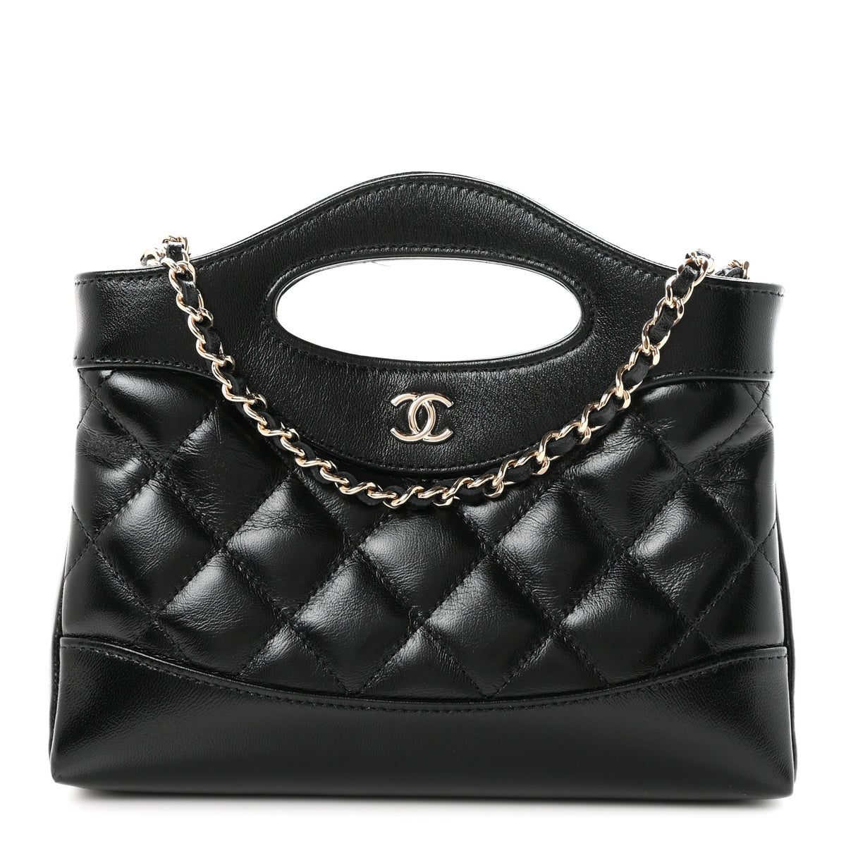 Shiny Crumpled Calfskin Quilted Nano 31 Shopping Bag Black