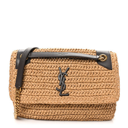 Saint Laurent Raffia Calfskin Monogram Medium Niki Chain Satchel Natural 1 of 11