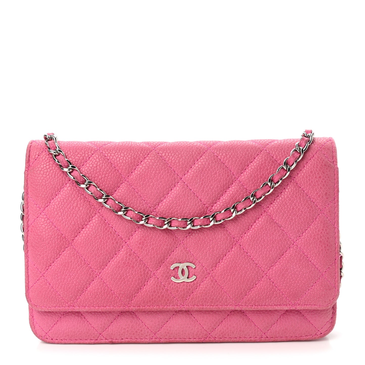 Iridescent Caviar Quilted Wallet on Chain WOC Pink
