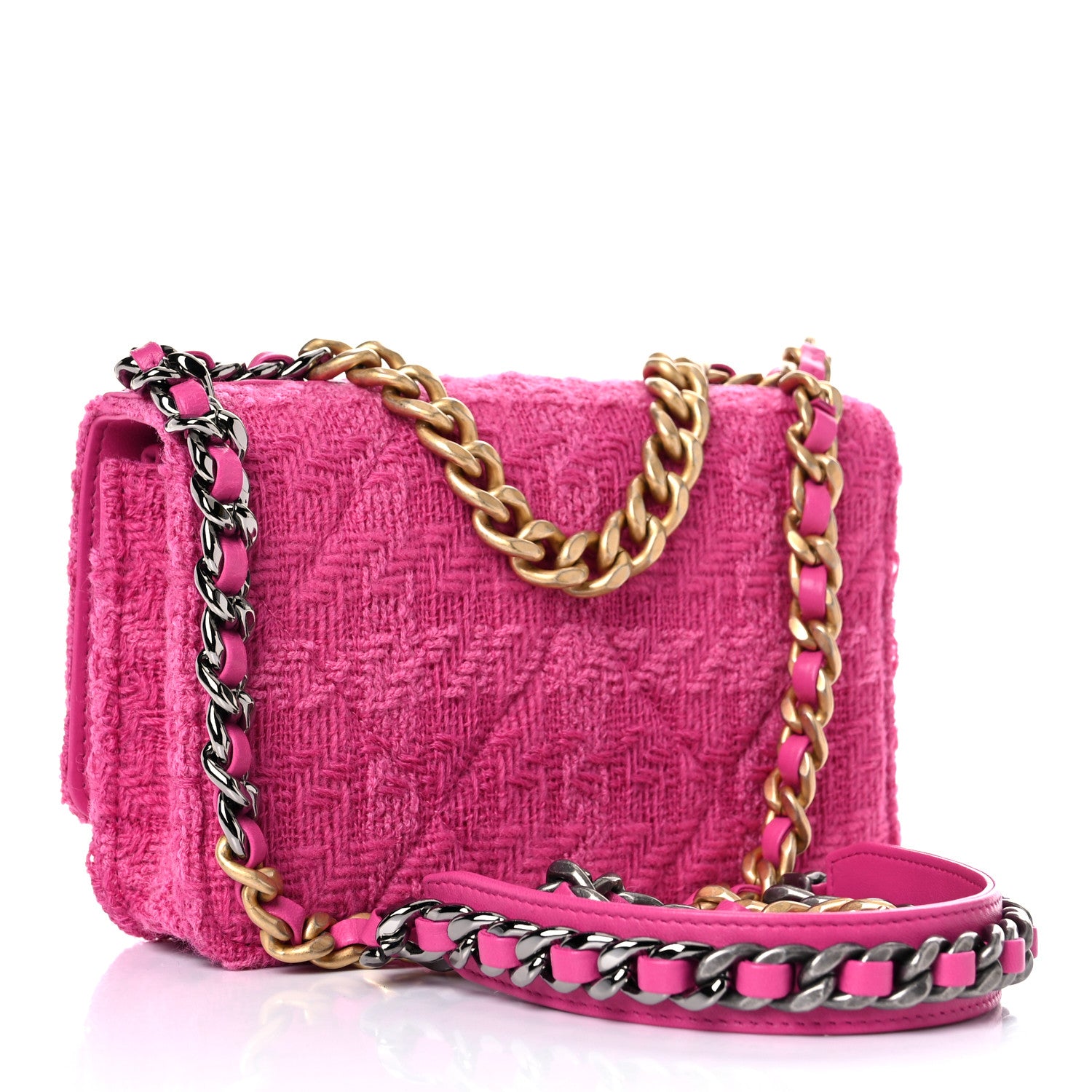 Chanel Wool Tweed Lambskin Quilted Chanel 19 Wallet On Chain WOC and Coin Purse Fuchsia 4 of 12