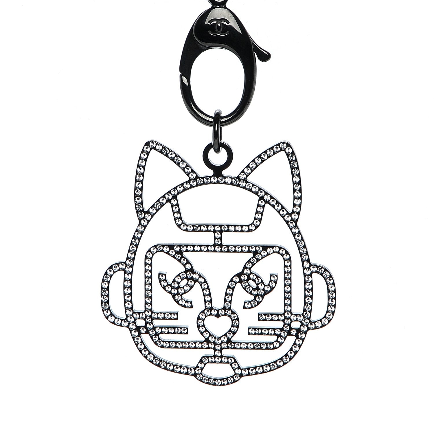 Chanel Crystal CC Emoji Robot Cat Lanyard Necklace Black Silver