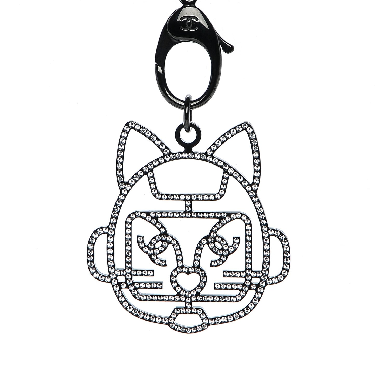 Crystal CC Emoji Robot Cat Lanyard Necklace Black Silver