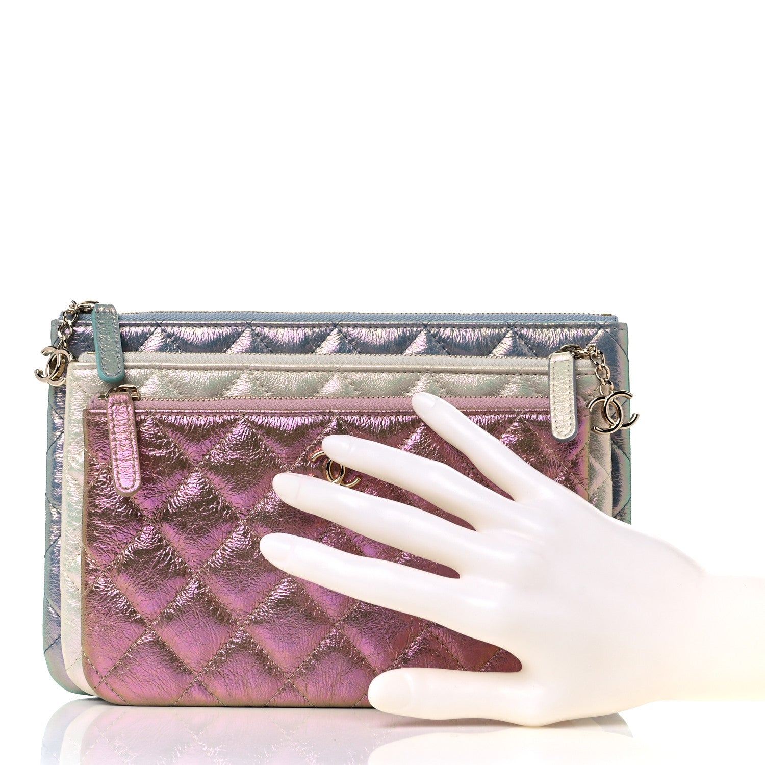 Chanel Iridescent Crumpled Calfskin Trio Cosmetic Case Blue Pink Ivory 2 of 13