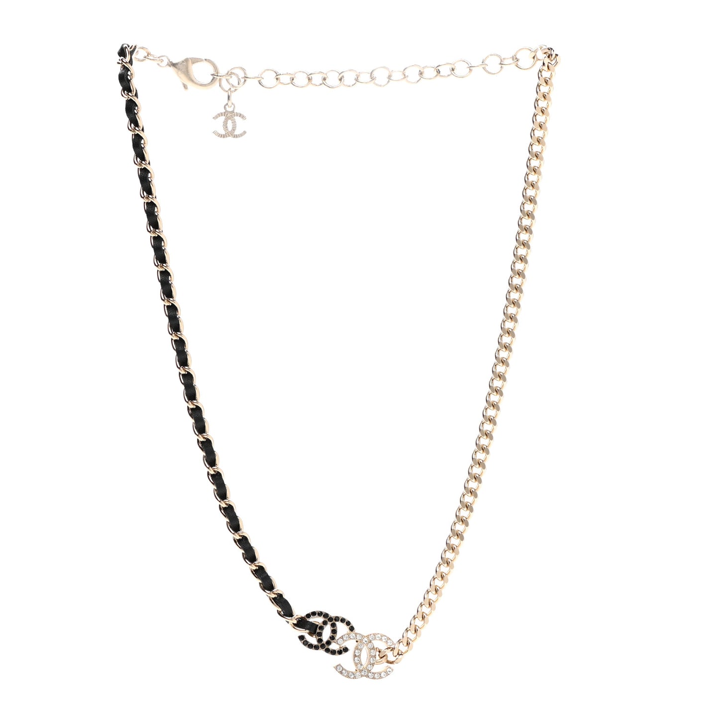Metal Calfskin Crystal Double CC Short Necklace Black Gold