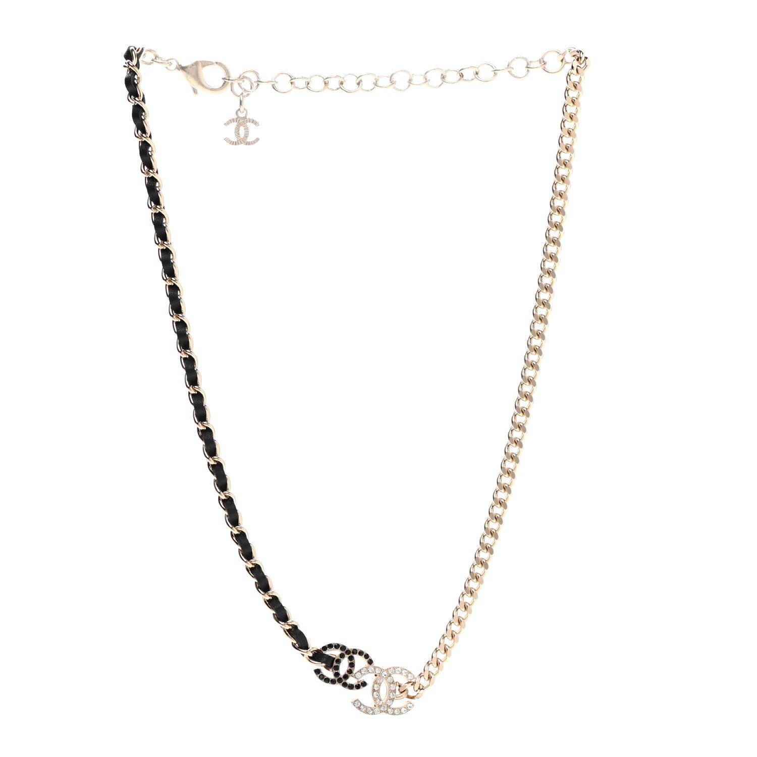 Chanel Metal Calfskin Crystal Double CC Short Necklace Black Gold 3 of 7