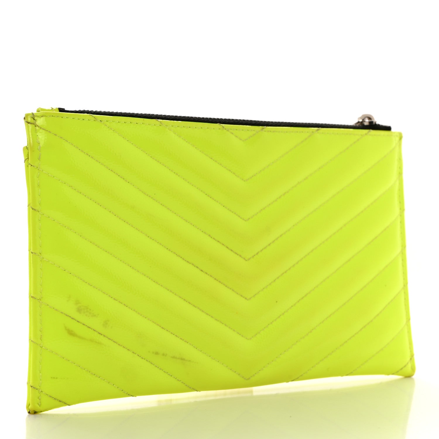 Saint Laurent Patent Grain De Poudre Matelasse Chevron Monogram Bill Pouch Neon Yellow 3 of 9