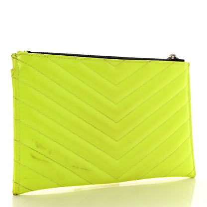 Saint Laurent Patent Grain De Poudre Matelasse Chevron Monogram Bill Pouch Neon Yellow 3 of 9