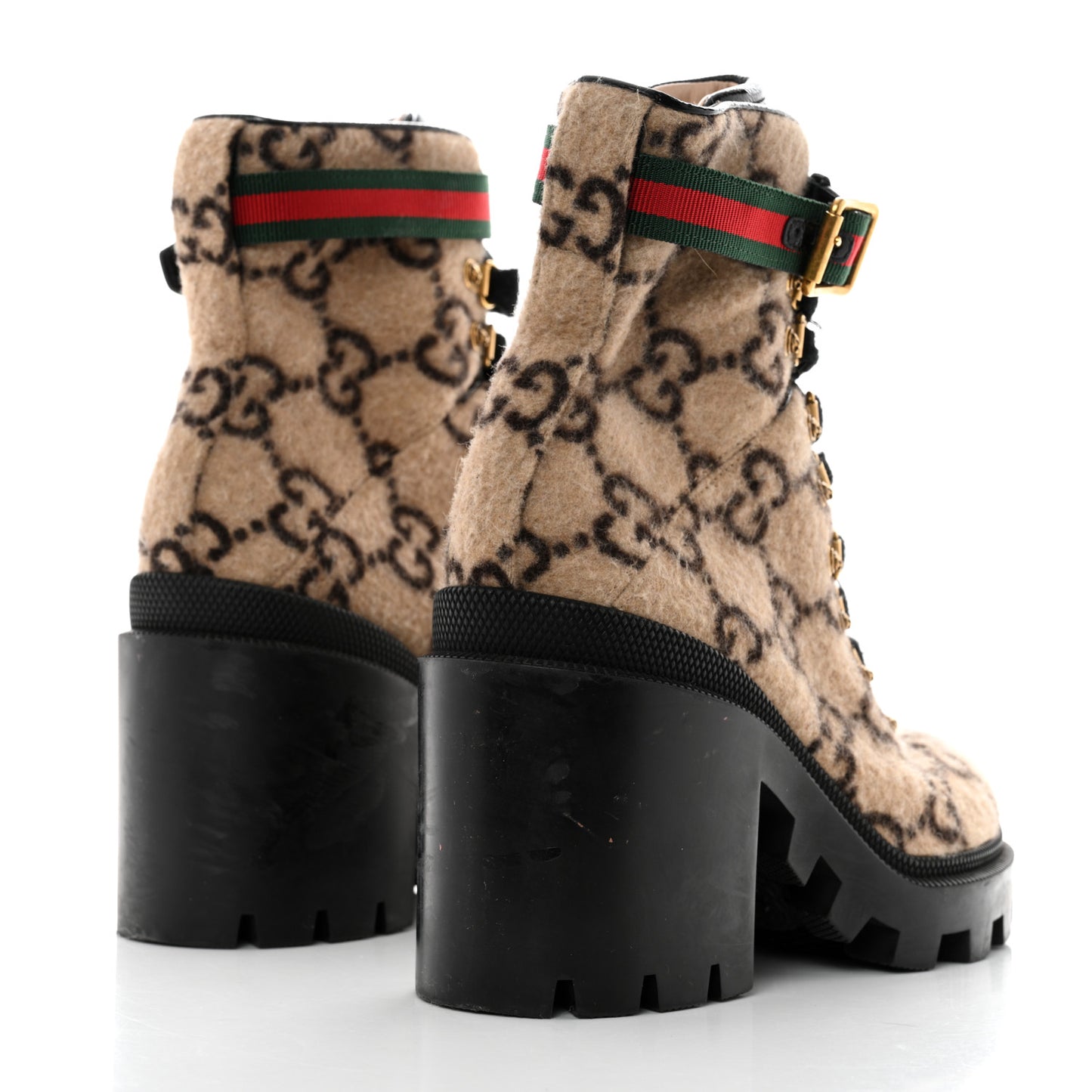 Covered Wool GG Monogram Womens Lace Up Combat Ankle Boots 36 Beige Ebony Black