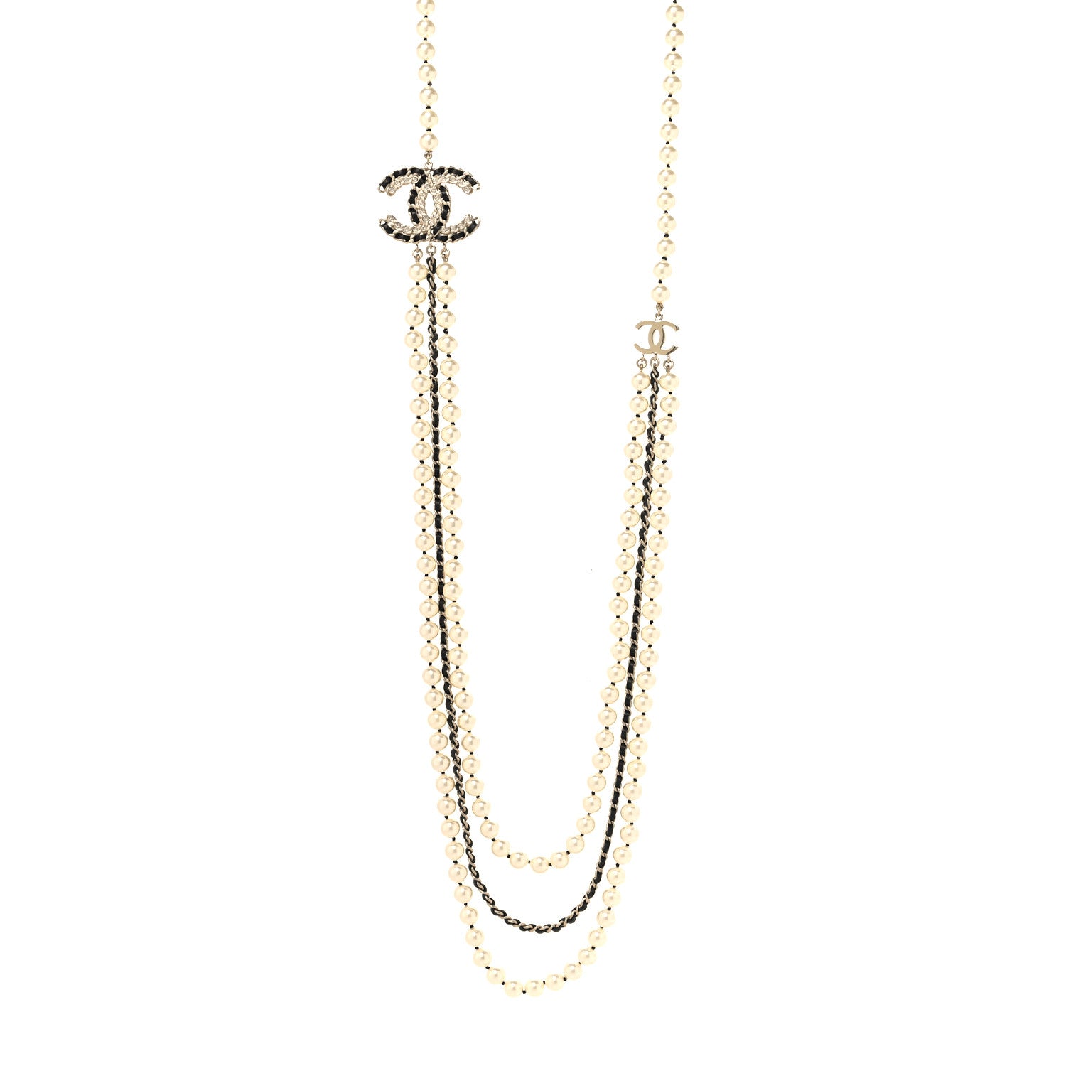 Chanel Lambskin Pearl Crystal CC Multi Strand Necklace Black Gold 1 of 5