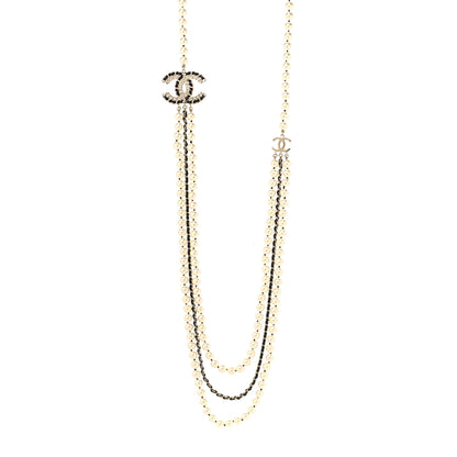 Chanel Lambskin Pearl Crystal CC Multi Strand Necklace Black Gold 1 of 5