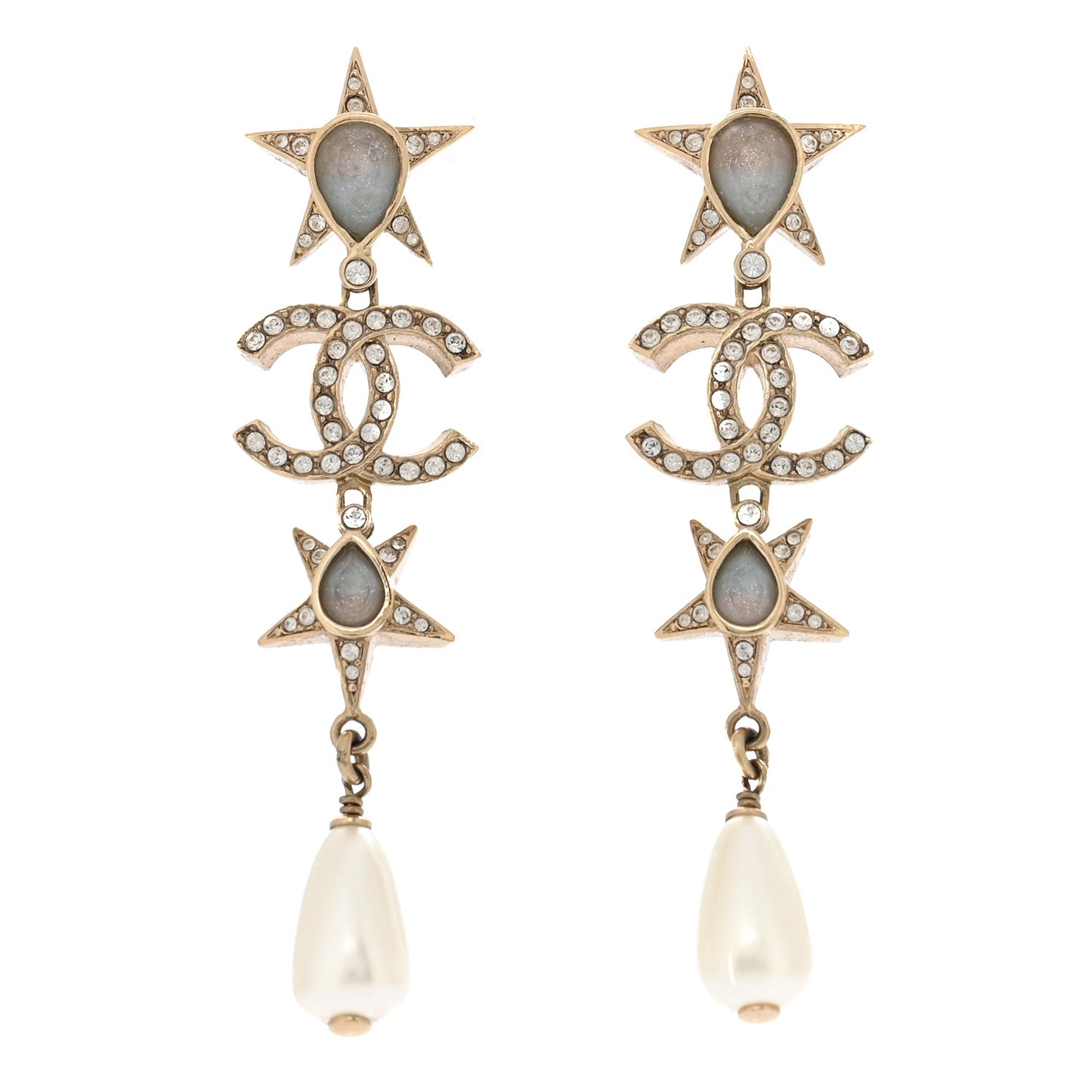 Crystal Pearl Star CC Pendant Dangle Earrings Gold Blue Pink
