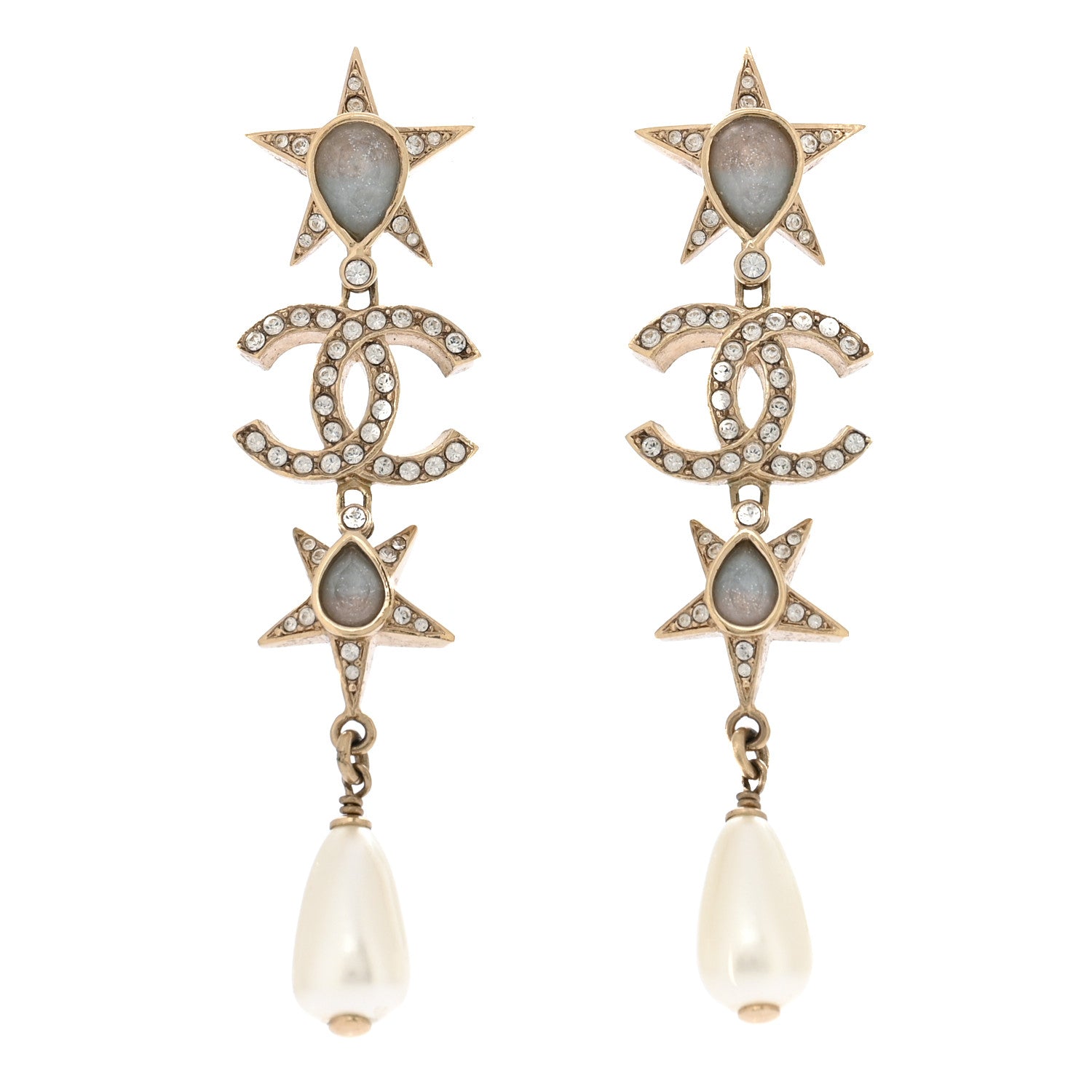 Chanel Crystal Pearl Star CC Pendant Dangle Earrings Gold Blue Pink 1 of 4