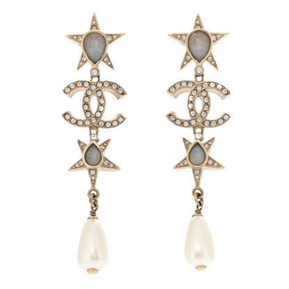 Chanel Crystal Pearl Star CC Pendant Dangle Earrings Gold Blue Pink 1 of 4